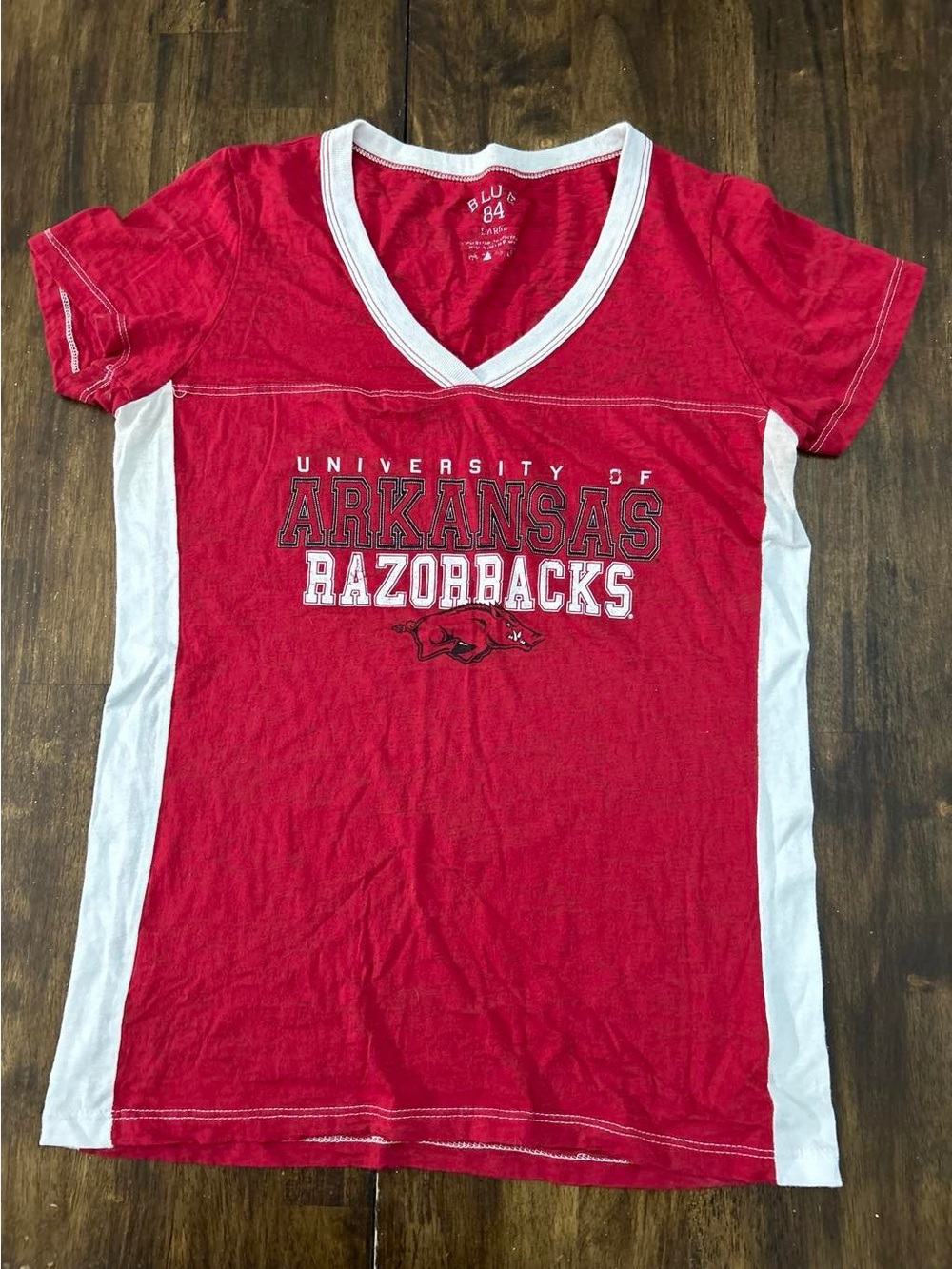 Blue 84 Arkansas Razorbacks Red V-Neck Tee with White Panels